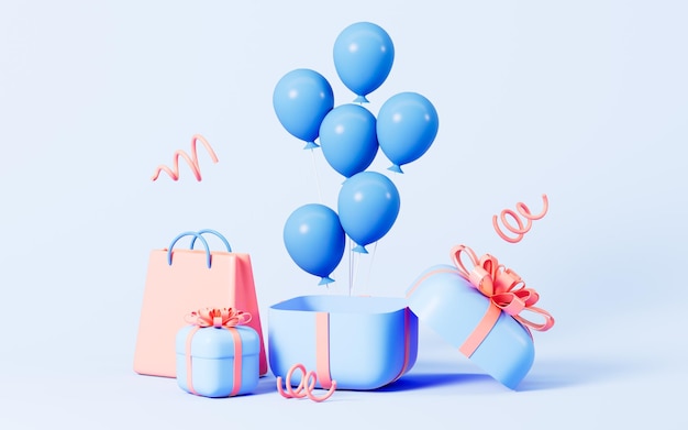 Einkaufstüten und Geschenke im 3D-Rendering mit blauem Hintergrund