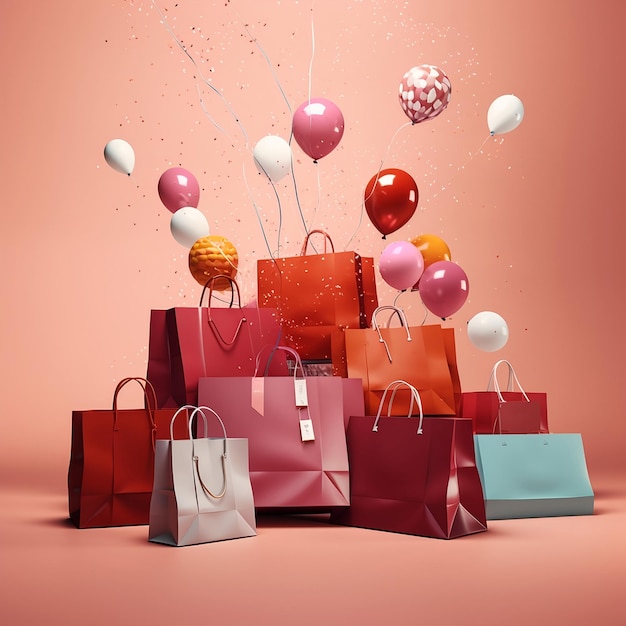 Einkaufstüten und Luftballons auf rosa Hintergrund