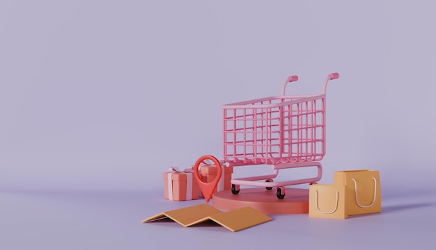 Einkaufsverkaufsförderung mit 3D-Wagen auf der Plattform und Geschenke Einkaufstaschen Karte mit Zeiger
