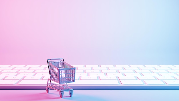 Einkaufswagen auf einem Tastaturhintergrund, der die Konzepte des Online-Shoppings und des digitalen Einkaufs verbindet