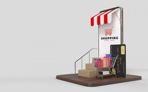 Einkaufswagen, Einkaufstaschen, Kreditkarte, die Treppe hinauf und das Tablet Das ist ein digitaler Online-Shop-Internet-Markt