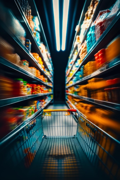Einkaufswagen im Lebensmittelgeschäft gefüllt mit vielen Lebensmitteln und Getränken. Generative KI