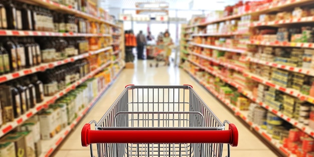 Einkaufswagen leer mit rotem Griff auf unscharfem Supermarkt-Gang-Hintergrund 3D-Illustration