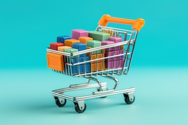 Einkaufswagen mit Box in hellen, hellen Farben, buntem Hintergrund, HD Generative AI