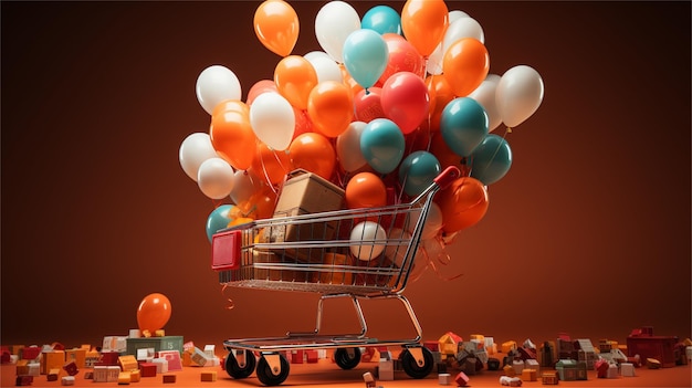 Einkaufswagen mit bunten Ballons auf blauem Himmel-Hintergrund 3D-Illustration