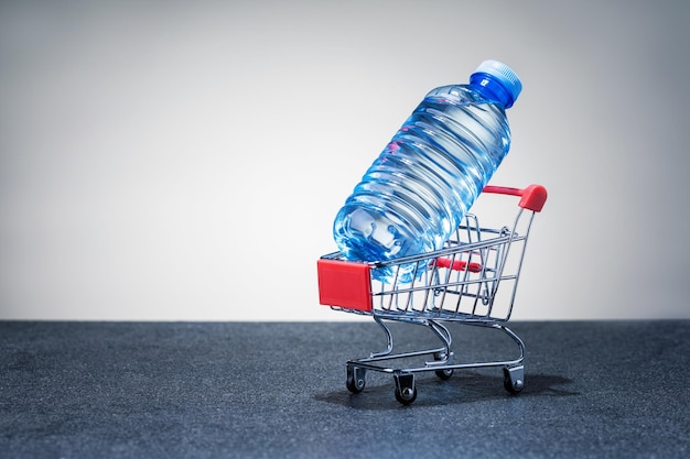 Einkaufswagen mit Flasche Wasser kopieren Raum Konzept der Wasserlieferung