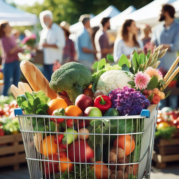 Einkaufswagen mit Gemüse und Obst mit verschwommenen Menschen und Markt im Hintergrund