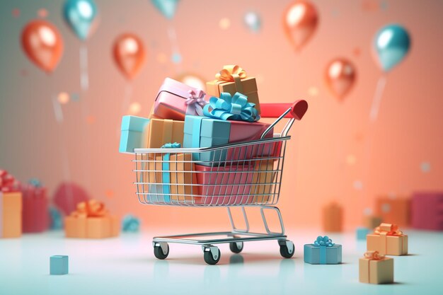 Einkaufswagen mit Geschenken für den Black Friday Cyber Monday Rabattsaison Verkäufe auf farbenfrohen Hintergrund