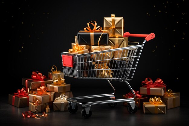Einkaufswagen mit Geschenken für den Black Friday Cyber Monday Rabattsaison Verkäufe auf schwarzem Hintergrund