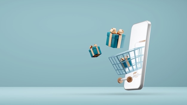 Einkaufswagen mit Geschenkkisten fliegt durch den Telefonbildschirm auf grünem Hintergrund Konzept des modernen Verkaufs Online-Shopping und Weihnachtsverkauf 3D-Rendering Illustration