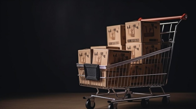 Einkaufswagen mit Kartons und einem Muster aus Handelskarren Generative KI