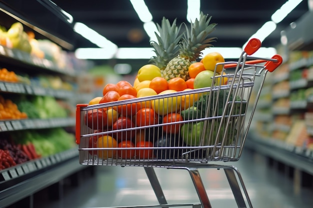 Einkaufswagen mit Obst und Gemüse auf dem Markt