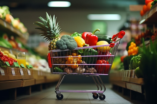 Einkaufswagen mit Obst und Gemüse auf dem Markt