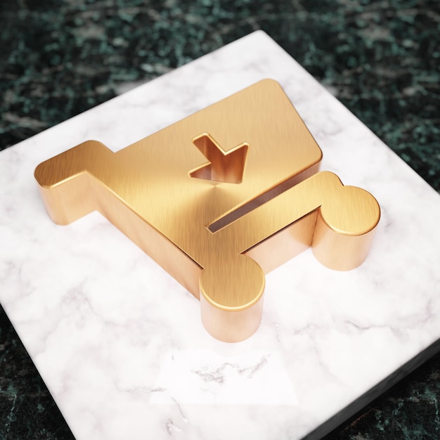 Einkaufswagen-Symbol. Bronze-Warenkorbsymbol auf weißem Marmorpodest. Symbol für Website, Social Media, Präsentation, Designvorlagenelement. 3D-Rendering.
