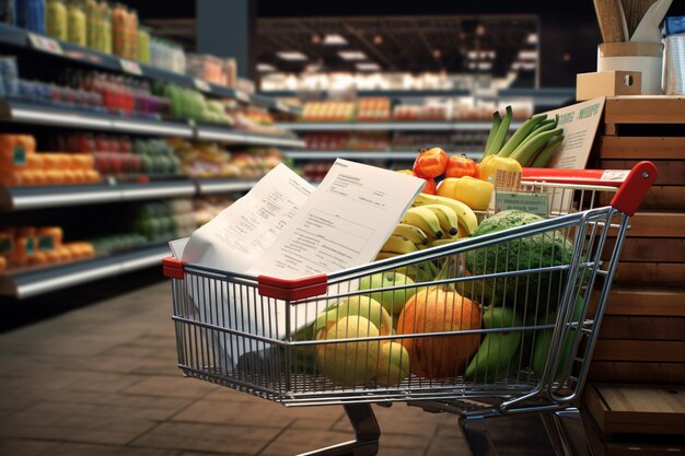 Einkaufswagen und Obst im Supermarkt