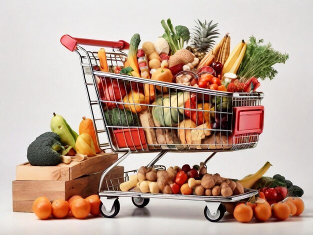 Einkaufswagen voller Lebensmittel isoliert auf weißem Lebensmittel- und Lebensmittelgeschäftskonzept