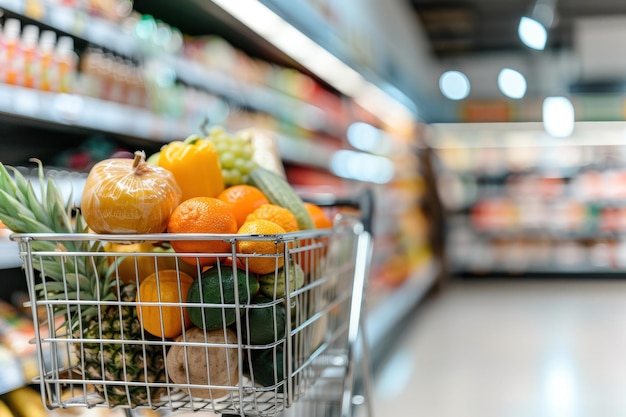 Einkaufswagen voller Lebensmittel mit verschwommenem Supermarkt-Hintergrund moderne weiße Szene