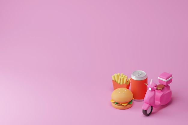 Einkaufswagen voller Lebensmittel und Lieferung auf rosa Hintergrund Lebensmittelgeschäft und Lebensmittelgeschäft Konzept 3D-Darstellung