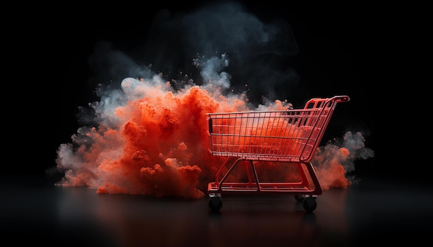 Einkaufswagenexplosion mit buntem und rotem Rauch auf schwarzem Hintergrund