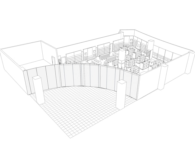 Einkaufszentrum Kontur Visualisierung 3D-Illustration Skizze Umriss