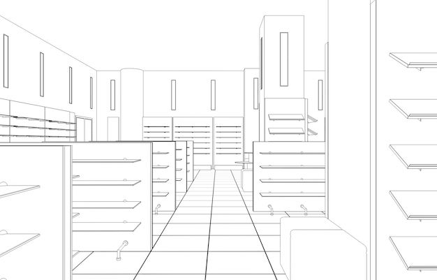 Einkaufszentrum, Konturvisualisierung, 3D-Darstellung, Skizze, Umriss