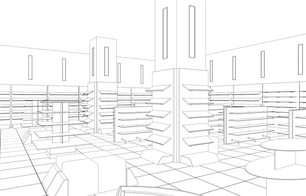 Einkaufszentrum, Konturvisualisierung, 3D-Darstellung, Skizze, Umriss