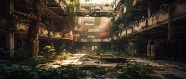 Einkaufszentrum TS Nebel Post-Apokalypse Landschaft verlassenes Panorama Ultrawide Kunst Zerstörung leer