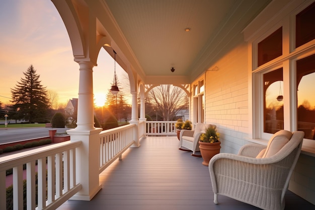 Einladende breite Veranda auf einem Schindel-Stil Haus bei Sonnenuntergang