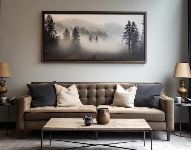 Einladendes Wohnzimmer mit bequemem Sofa, stilvoller Einrichtung und Bilderrahmen an der Wand