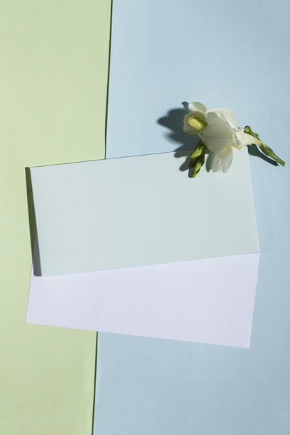 Einladung oder Grußkarte mit Umschlag und leerem Papier auf pastellgrünem und blauem Hintergrund