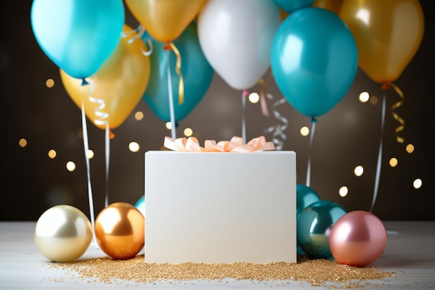 Einladung zur Kindergeburtstagsfeier, Luftballons, Kuchen, Kerzen, Geschenkbox und Feierflagge