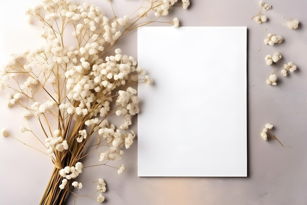 Einladungs- oder Grußkartenmodell Leere weiße Karte und Blumen Schleierkraut auf neutralem Hintergrund