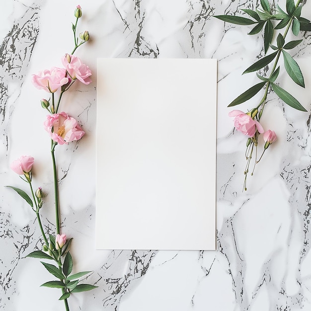 Einladungskarte mit Blumen an den Seiten mit Marmor-Hintergrund