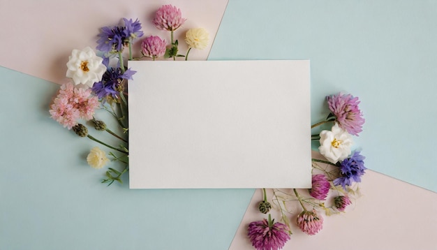 Einladungskarten-Mockup, geschmückt mit natürlichen Blumen, das eine minimalistische Vorlage für verschiedene Occa bietet