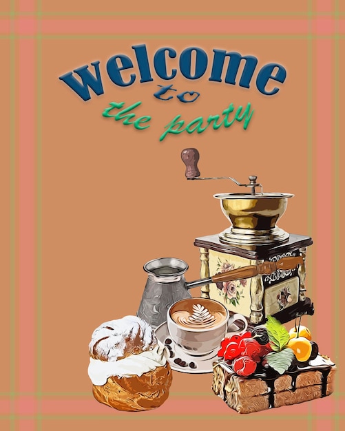 Einladungsplakat Banner Partykarte mit einer Tasse Kaffee Kuchen Kaffeemühle Kaffeebrauer