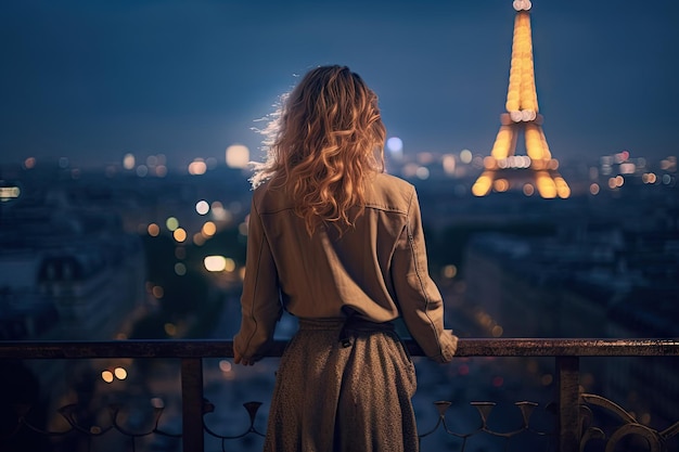 Einmal in Paris. Rücken einer Frau in der Nacht gegen den Eiffelturm. Generative KI