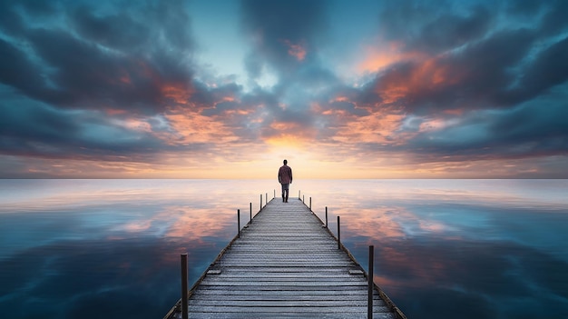 Einsame Figur auf einem ungewöhnlich langen Pier bei Sonnenuntergang