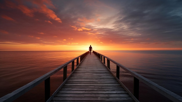 Foto einsame figur, die auf einem ungewöhnlich langen pier steht