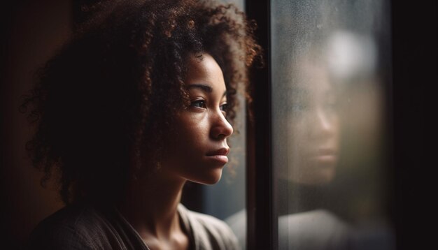 Einsame junge Frau, die durch das Fenster schaut und die durch KI erzeugte Traurigkeit und Einsamkeit empfindet