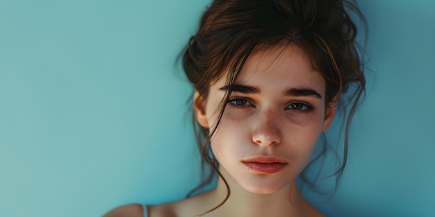 Einsame junge Frau mit melancholischem Gesichtsausdruck vor einem pastellblauen Hintergrund Konzept Melancholisches Porträt Pastellblauer Hintergrund Einsame junge Frauen Emotionaler Ausdruck