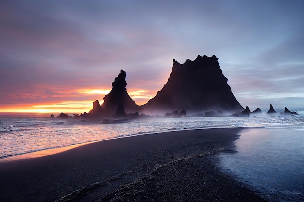 Einsame Sandstrände von Island vor dem Hintergrund der untergehenden Sonne