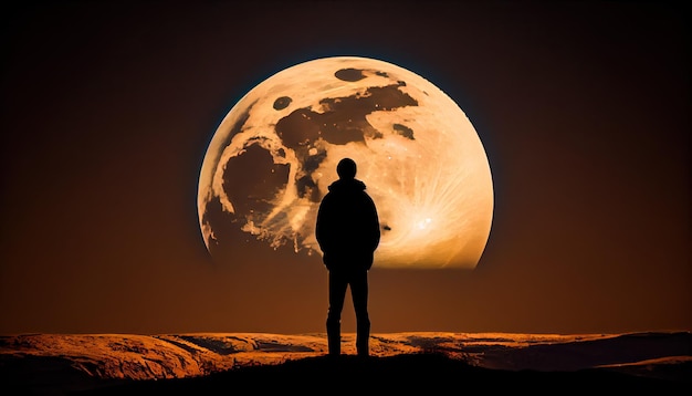 Einsame stehende Mannsilhouette in der Nacht mit Mond- oder Planetenhintergrund