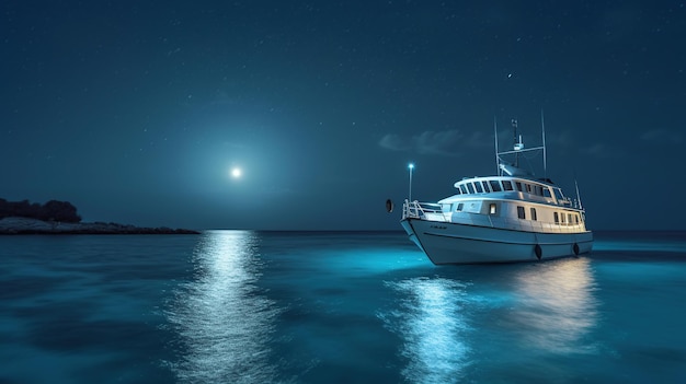 Einsame Yacht mit Super-Vollmond-KI-generiertem Bild