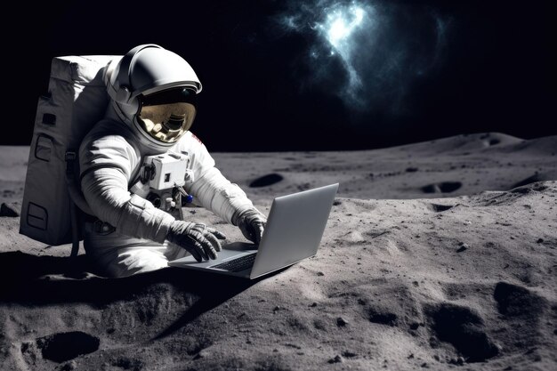 Einsamer Astronaut mit Laptop, der auf der generativen KI des Mondes sitzt