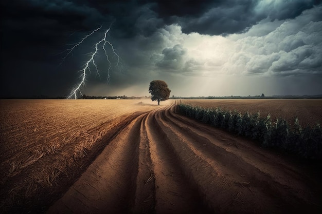 Einsamer Baum, der auf einem weiten Feld steht, umgeben von dunklen und stürmischen Wolken. Generative KI