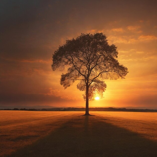 Einsamer Baum im Sonnenuntergang, geschaffen von KI