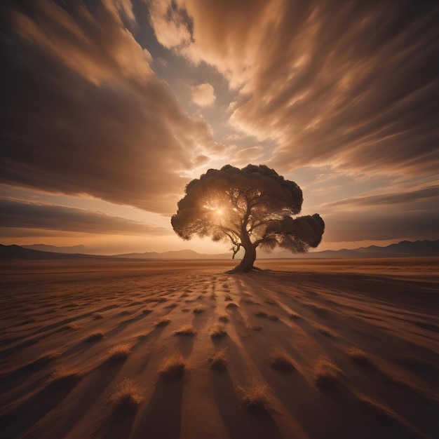 Einsamer Baum in der Wüste bei Sonnenuntergang