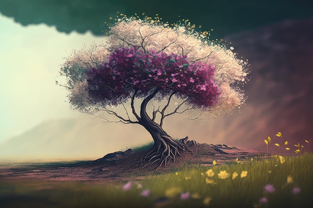 Einsamer Baum und Blumen auf verschwommenem Frühlingstag-Hintergrund