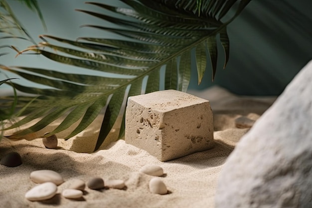 Einsamer Felsen an einem Sandstrand Generative KI