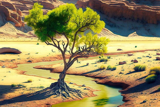 Einsamer grüner Baum, der Wasser aus einem kleinen Bach nimmt, der in der Wüste fließt